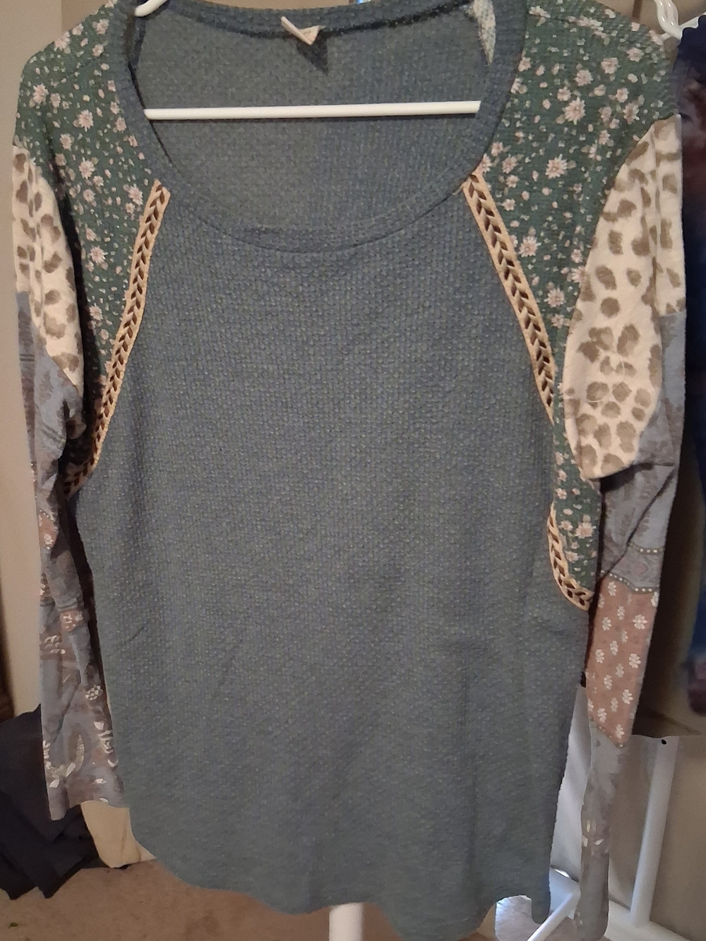 Patchwork Mixed-Print Long Sleeve Top - Green